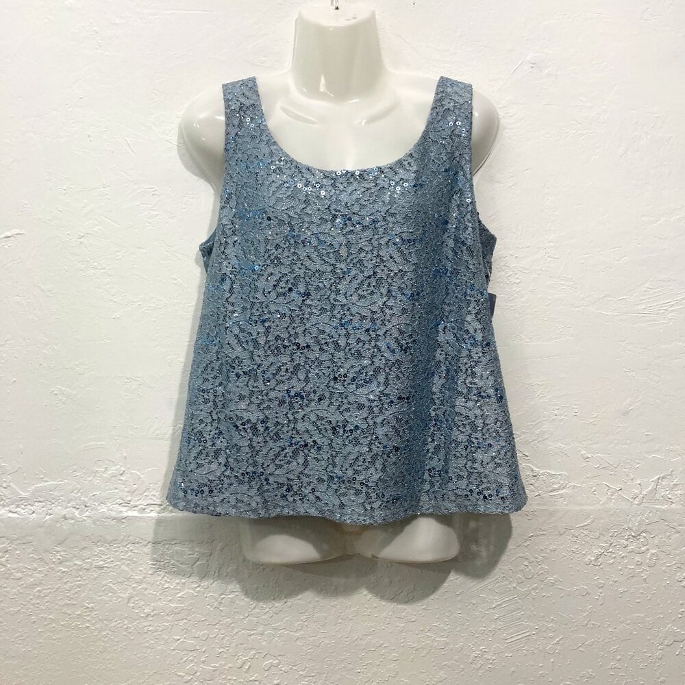 New R&M Richards Sequined Sleeveless Top Tank Lace Lined Blue Size 10 Party